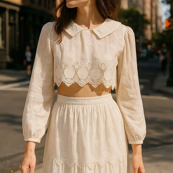 Vintage Edwardian Embroidered Sheer Lace Two-Piece Set – XS/S - Picture 14 of 16